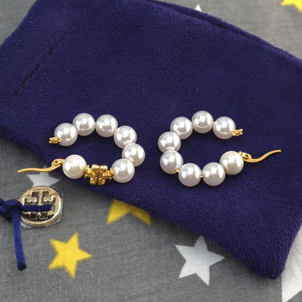 Tory Burch Gold and Pearl Hoop Earrings